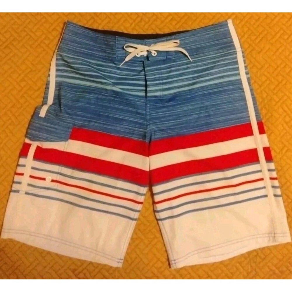 Mossimo Red/White/Blue Striped Polyester Blend Men's Board Shorts/Trunks Size 34